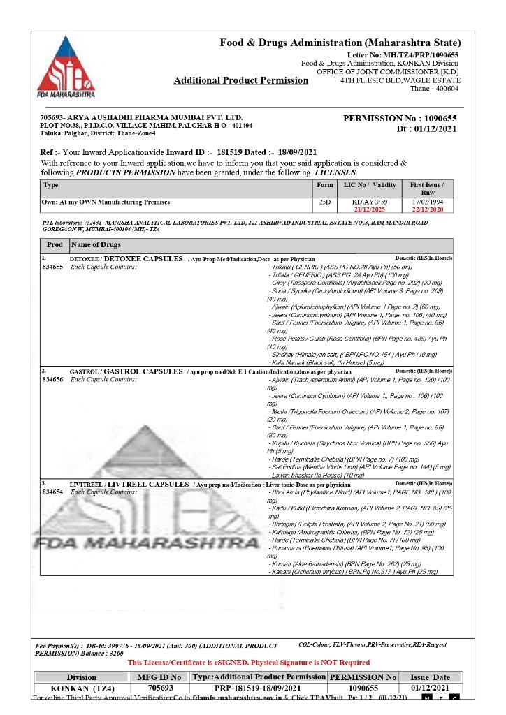 FDA Maharashtra Additional Product Permission for Livtreel Capsules — page 1, listing approved composition and manufacturing licence details